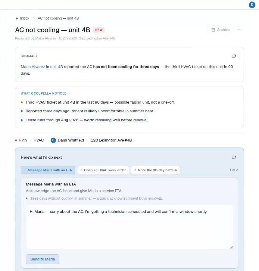 Occupella Inbox: an AC not cooling work order for unit 4B with a summary, what Occupella noticed, and a drafted reply to the tenant